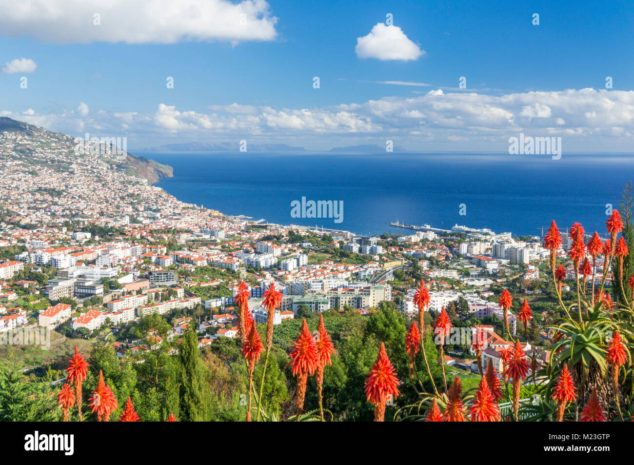 Funchal Madeira vista di Funchal, la capitale di Madeira guardando attraverso il porto baia del porto e della città vecchia di Funchal Madeira Portogallo Europa Foto Stock