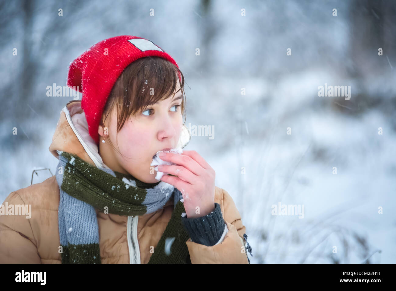 Inverno ritratto di una ragazza che mangia la neve. Blizzard. Close-up. Uno sfondo sfocato. Nikon D750 Foto Stock