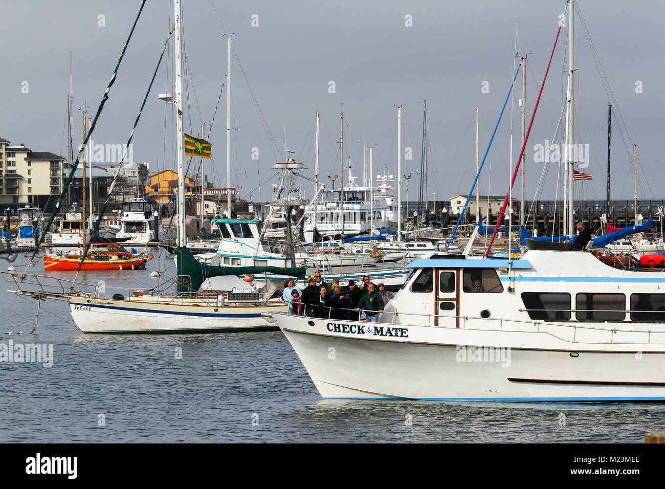 Barche viste dal pontile comunale II, Monterey, California, Stati Uniti Foto Stock