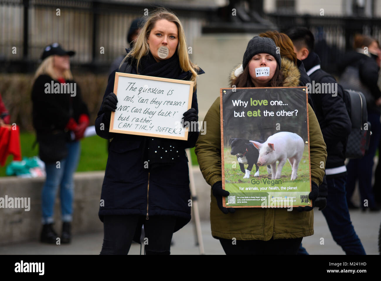 Attivisti per i diritti degli animali raccolti in Trafalgar Square in una cerchia di silenzio" spinto da un preventivo "ben sincronizzati il silenzio ha più eloquenza di parlato" - Martin Farquhar Tupper. I manifestanti hanno fissato con nastro le loro bocche chiuse Foto Stock