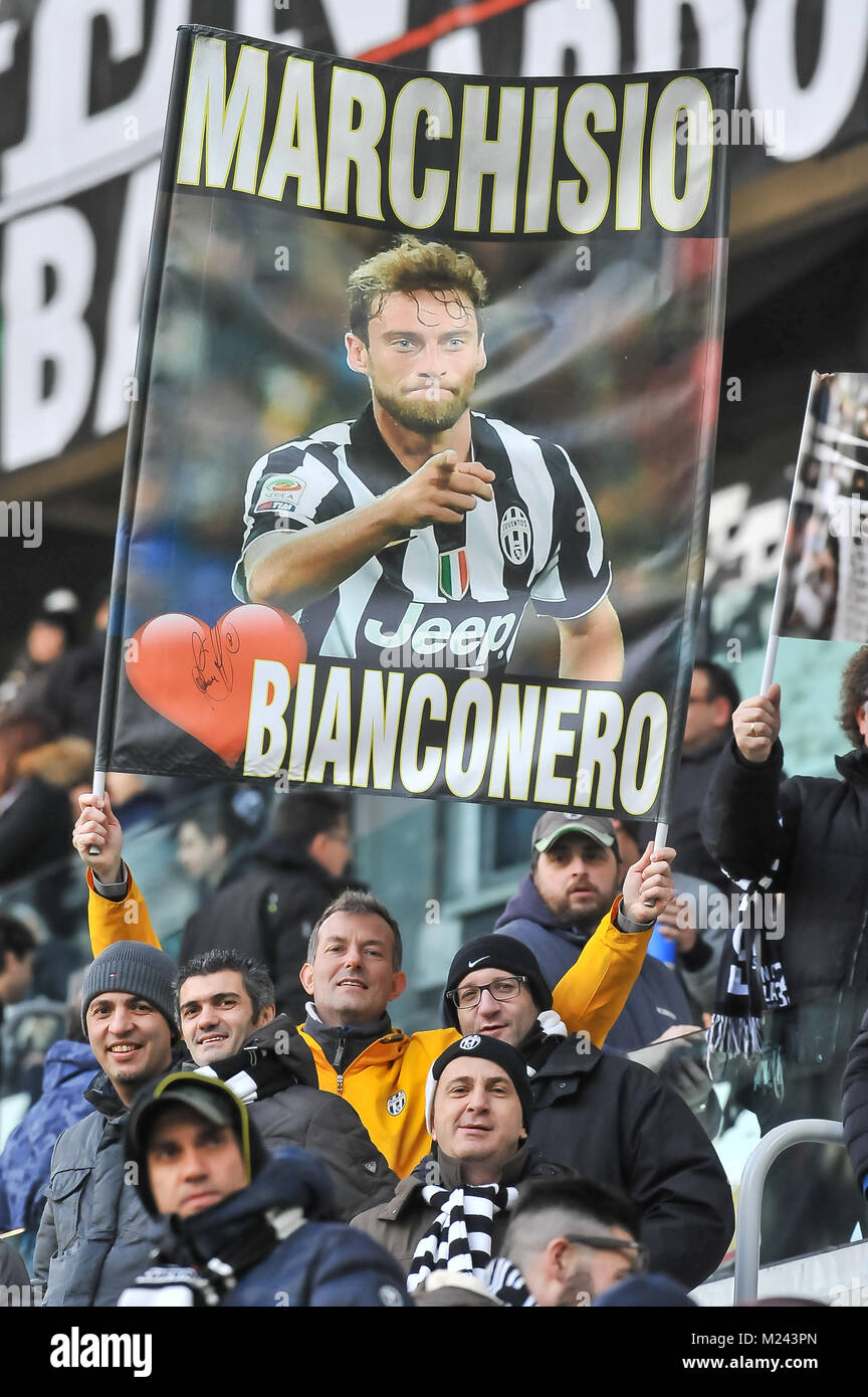 Durante la serie di una partita di calcio tra Juventus e noi Sassuolo presso lo stadio Allianz il 04 febbraio, 2018 a Torino, Italia. Credito: FABIO PETROSINO/Alamy Live News Foto Stock