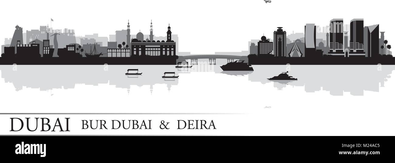 Dubai Deira e Bur Dubai skyline silhouette sfondo, illustrazione vettoriale Illustrazione Vettoriale