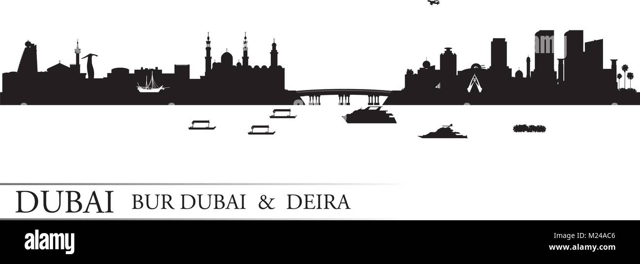 Dubai Deira e Bur Dubai skyline silhouette sfondo, illustrazione vettoriale Illustrazione Vettoriale