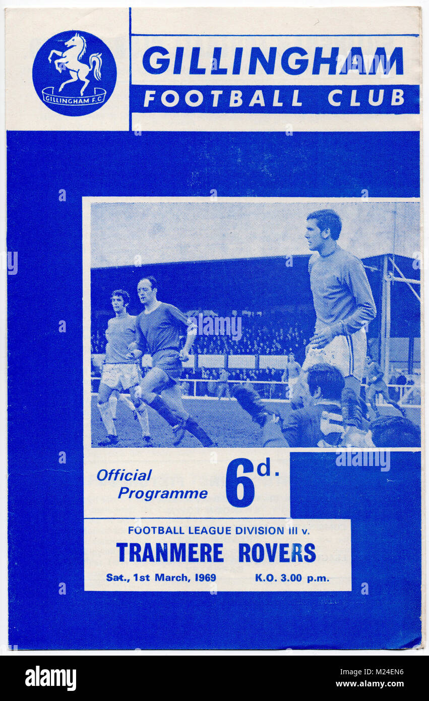 Programma di calcio: Gillingham v Tranmere Rovers, 1 marzo, 1969. Disegnare 1-1. Foto Stock