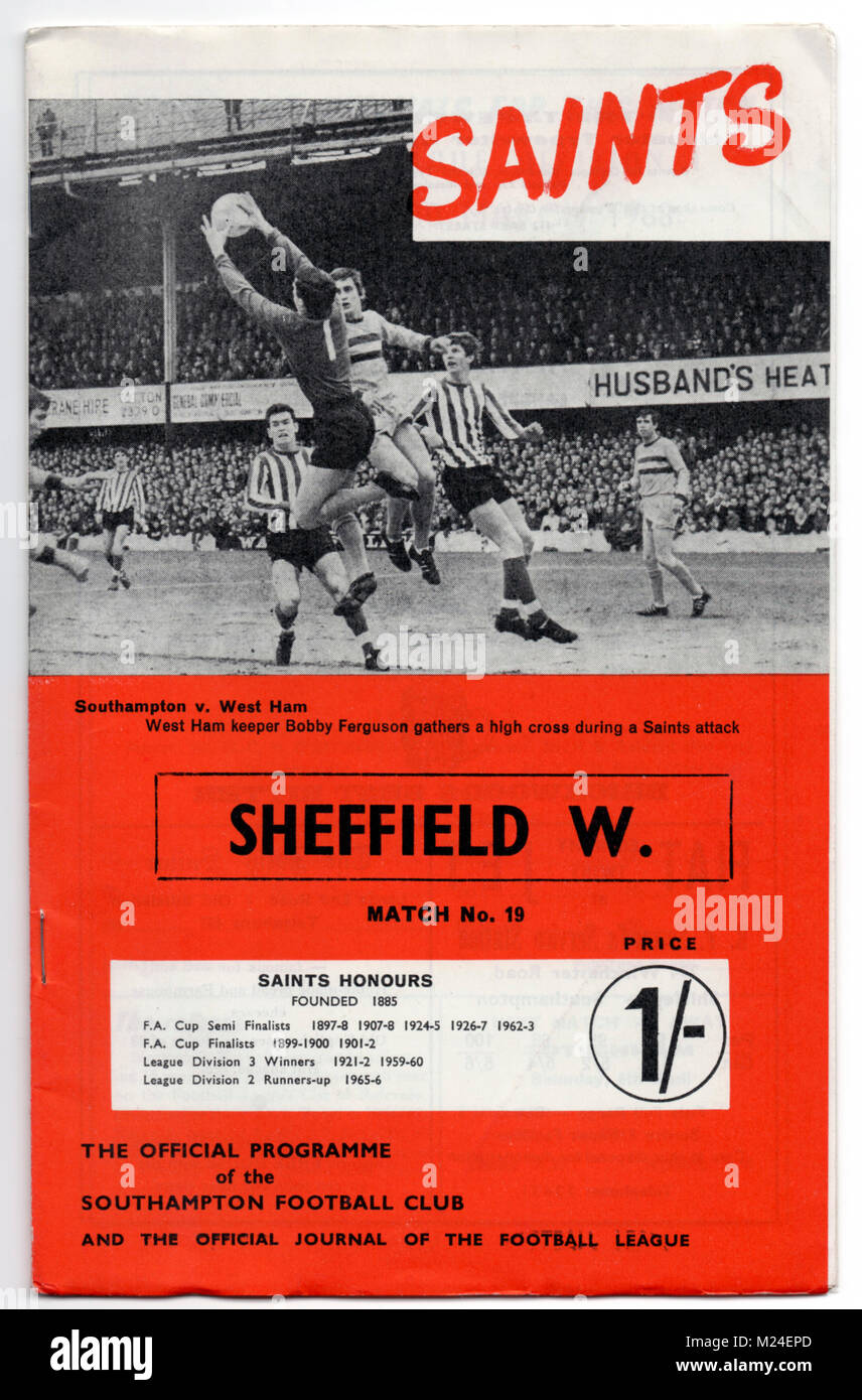 Programma di calcio: Southampton v Sheffield Mercoledì, 30 marzo, 1968. SAouthampton ha vinto 2-0. Foto Stock