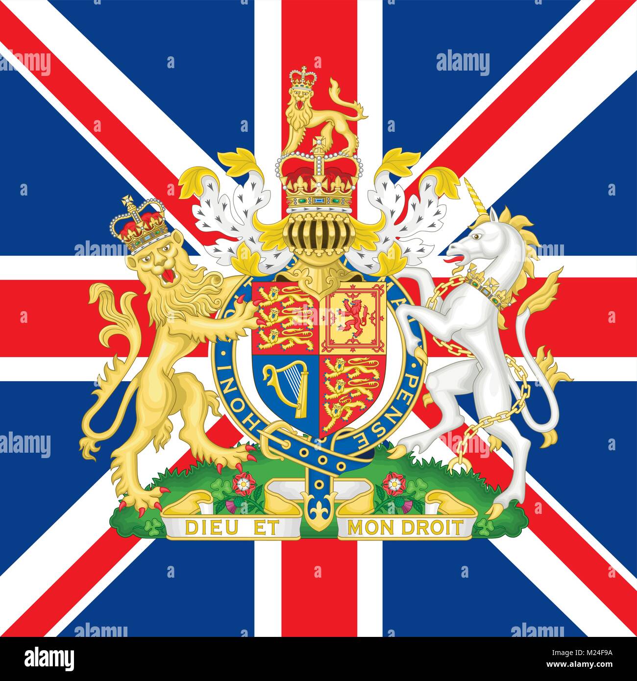 Regno Unito stemma e bandiera, simboli ufficiali della nazione Illustrazione Vettoriale