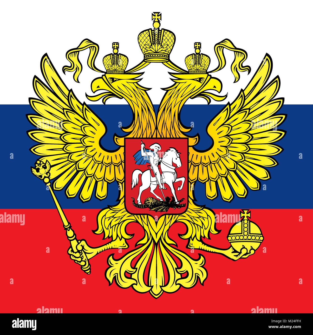 La Russia stemma e bandiera, simboli ufficiali della nazione Illustrazione Vettoriale