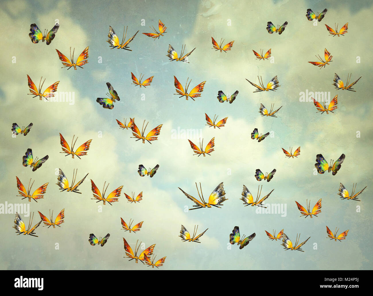 Molte colorate farfalle volare verso il cielo, illustrativi e foto artistiche Foto Stock