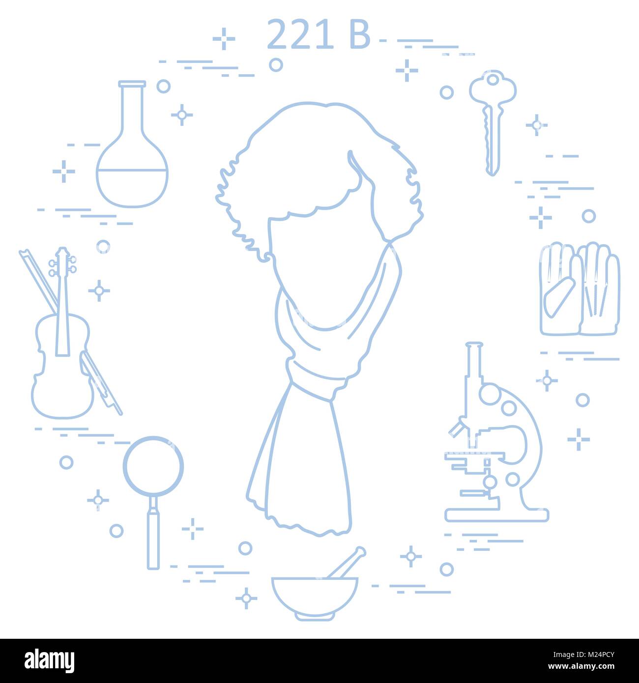 Detective privato Sherlock Holmes con una varietà di strumenti e apparecchiature. L'eroe della popolare serie TV. Design per un annuncio stampa. Illustrazione Vettoriale