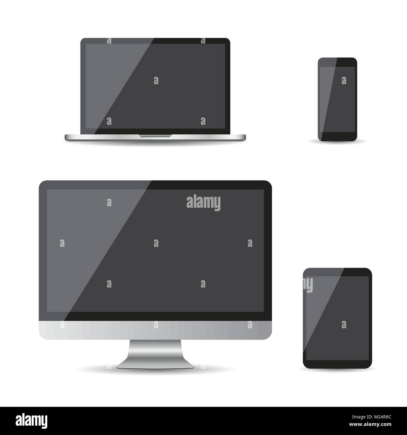 Dispositivo realistico icone piana: smartphone, tablet PC notebook e computer desktop. Illustrazione Vettoriale su sfondo bianco Illustrazione Vettoriale