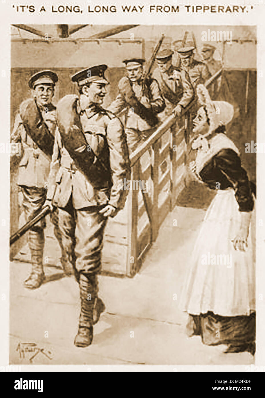 La prima guerra mondiale (1914-1918) aka la Grande Guerra o la prima guerra mondiale - una guerra di trincea - i soldati irlandesi di atterraggio in Calais (da una cartolina WWI) 'la sua una lunga strada da Tipperary' Foto Stock