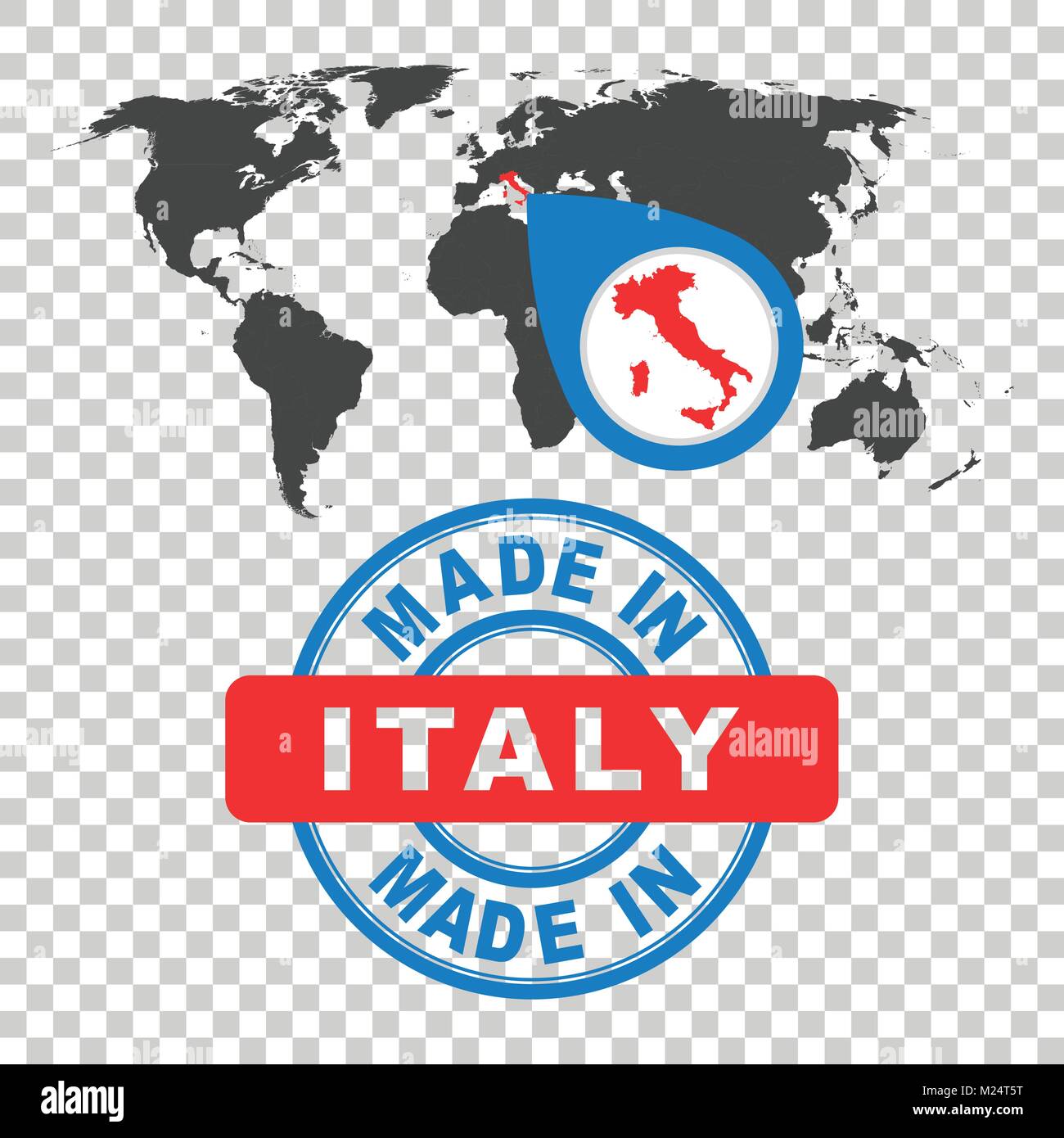 Made in Italy timbro. Mappa del mondo con red paese. Emblema del vettore in uno stile piatto su sfondo isolato. Illustrazione Vettoriale