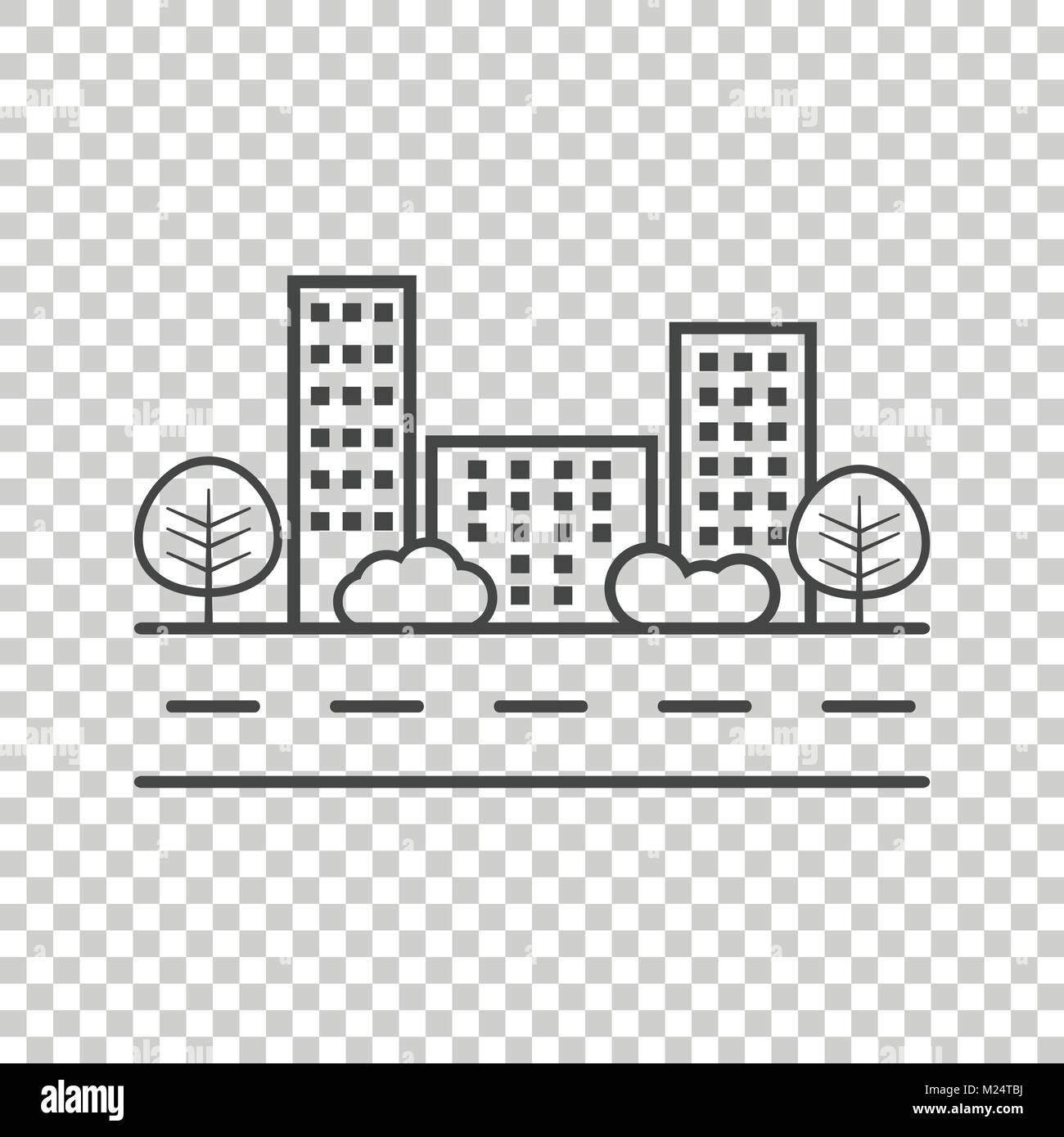 Vettore illustrazione della città in stile appartamento. Edificio, alberi e arbusti su strada a sfondo isolato Illustrazione Vettoriale