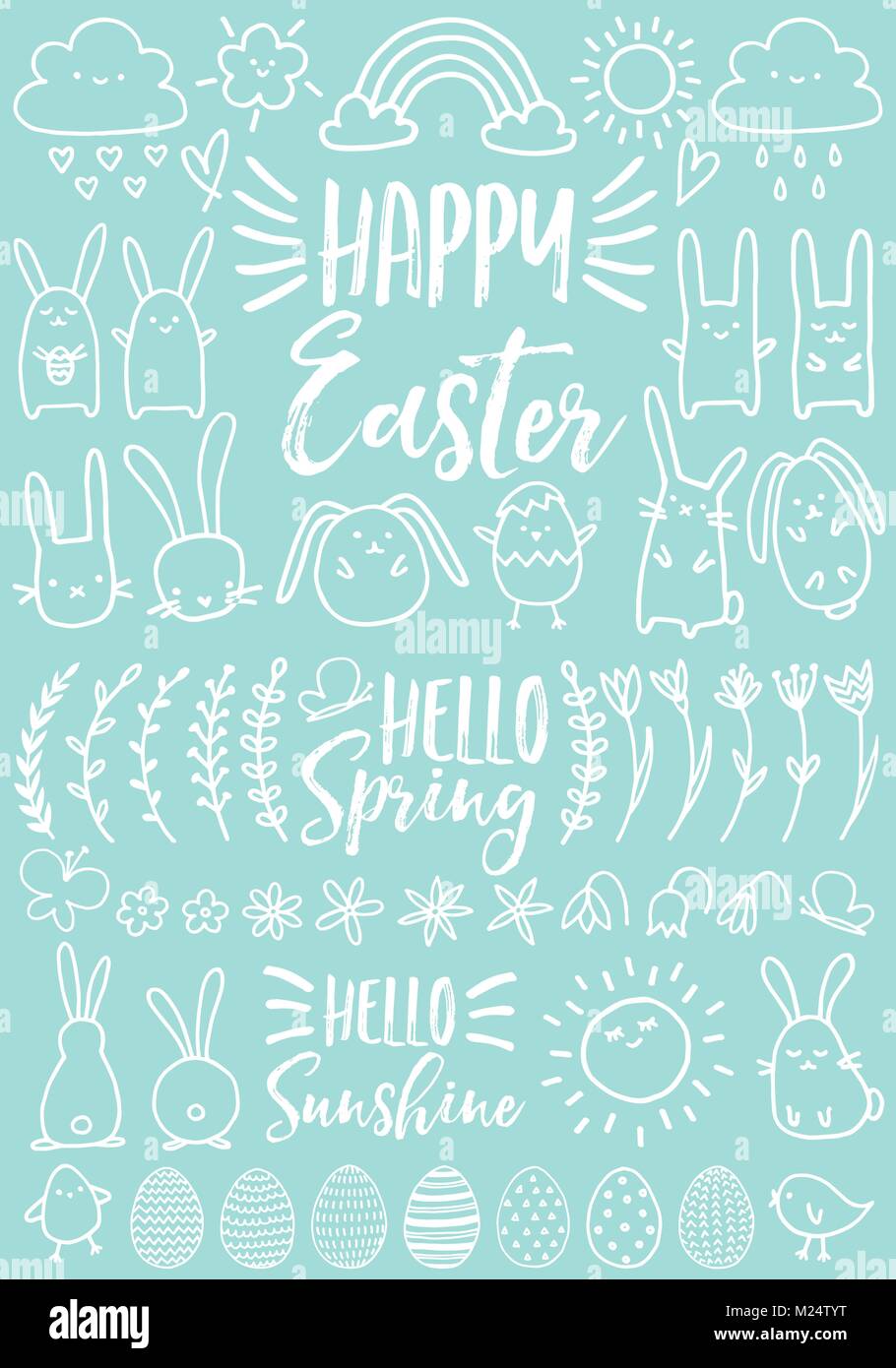 Carino bianco scarabocchi di Pasqua, coniglietti, uova e disegnati a mano fiori, set di vettore di elementi di design Illustrazione Vettoriale