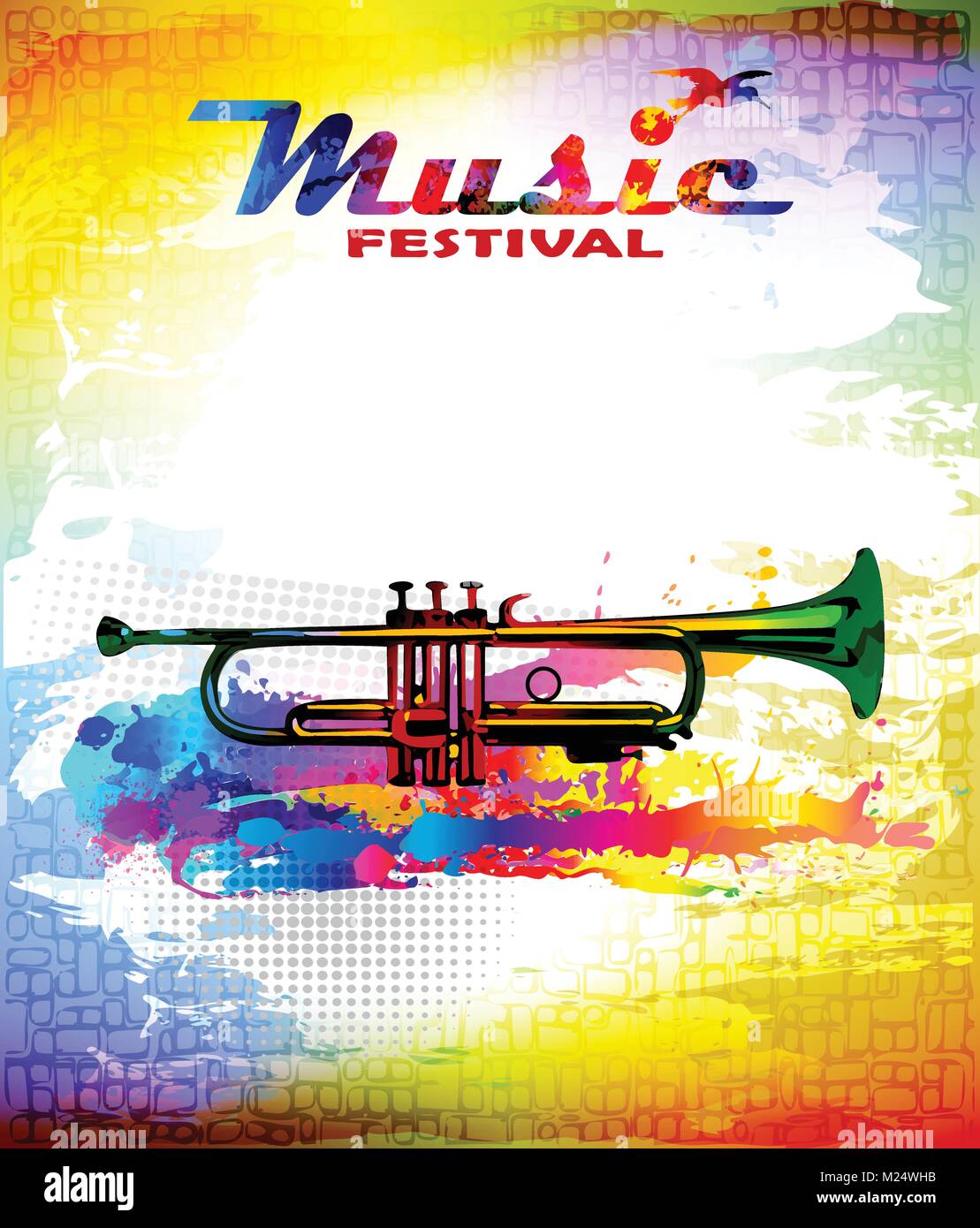 Colorati festival di musica flyer, banner con tromba Illustrazione Vettoriale