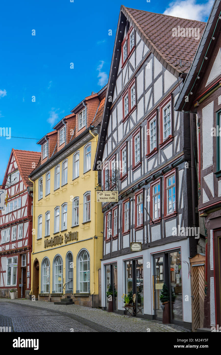 Alsfeld, Germania, semi-case con travi di legno nella zona della città vecchia, la strada Am Kreuz Foto Stock