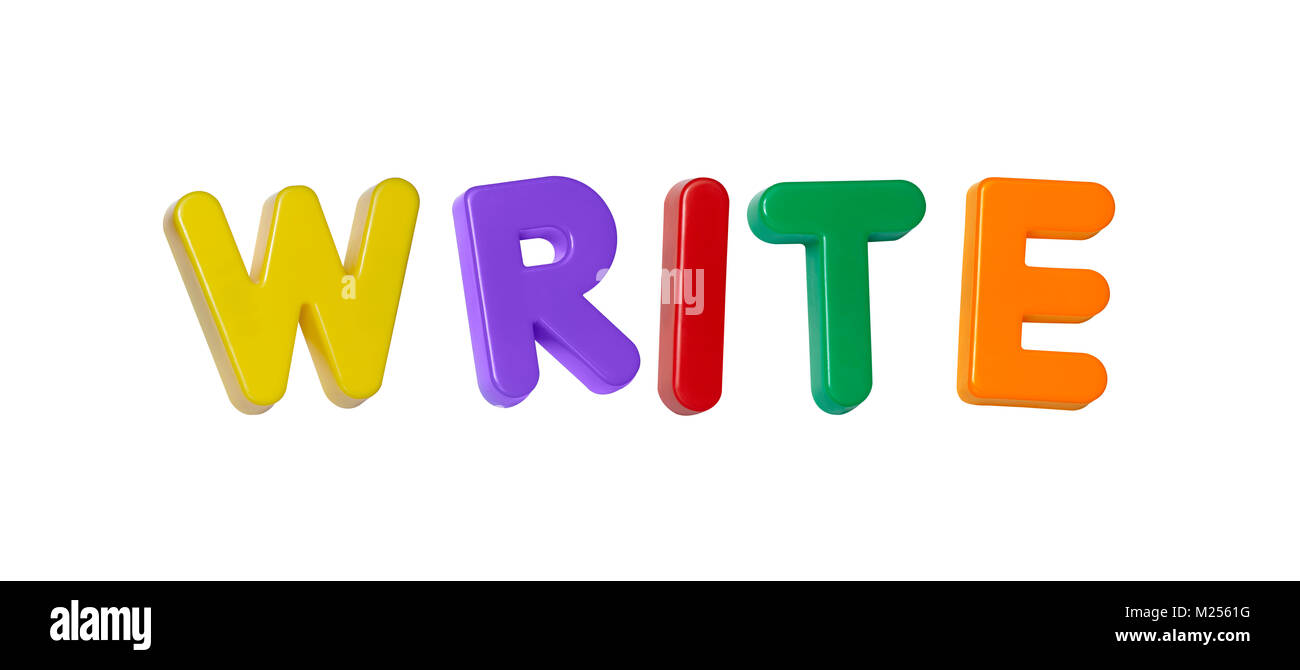 La parola 'write' costituito da plastica colorata lettere Foto Stock