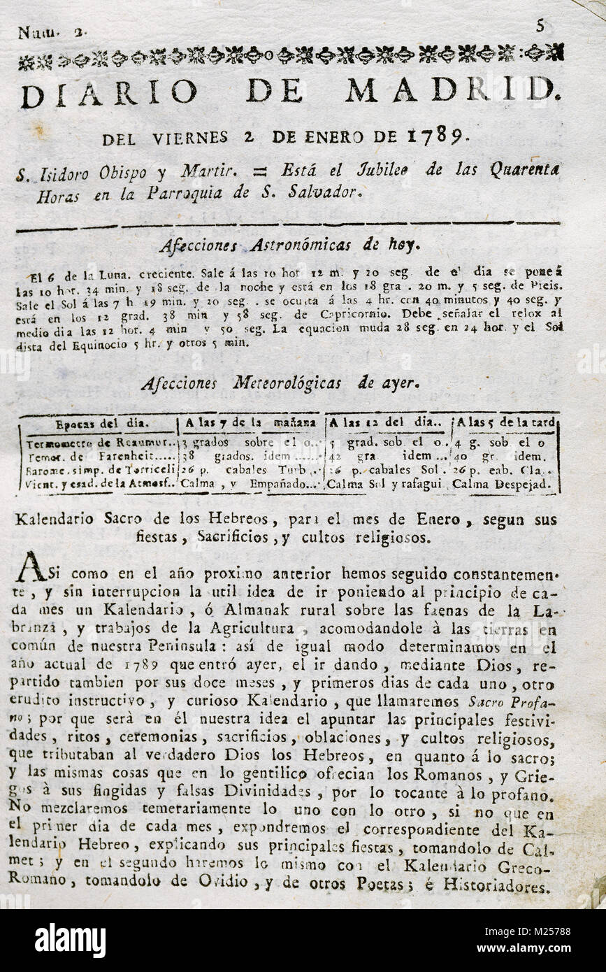 Stampa spagnola del XVIII secolo. Ufficiale di Madrid. Numero 2, Venerdì, 2 gennaio 1789. Foto Stock