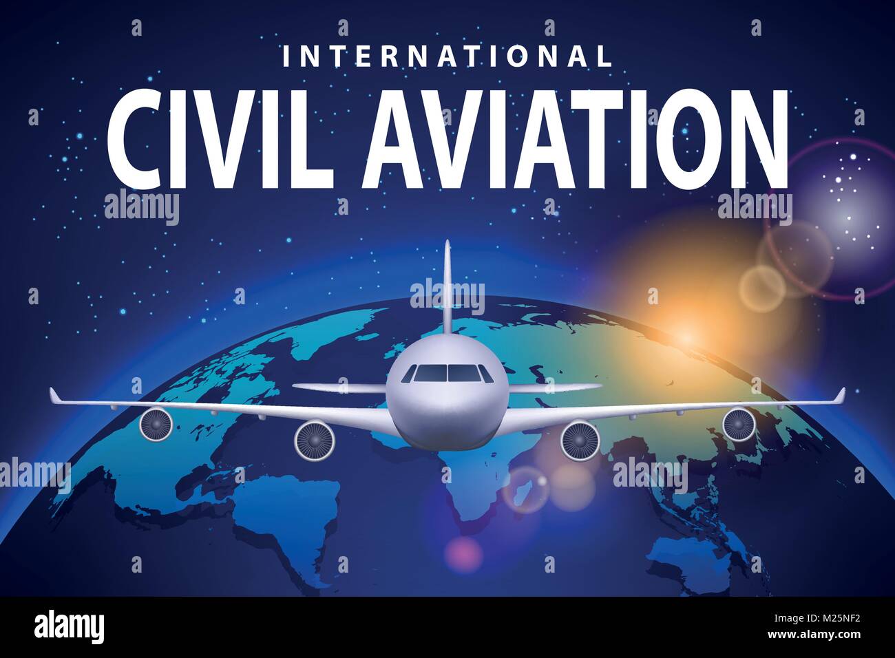 Banner, poster, flyer con aerei e di terra. Piano di sunny sfondo blu, aviazione civile aereo di linea. Aereo commerciale travel concept design. Illustrazione Vettoriale Illustrazione Vettoriale