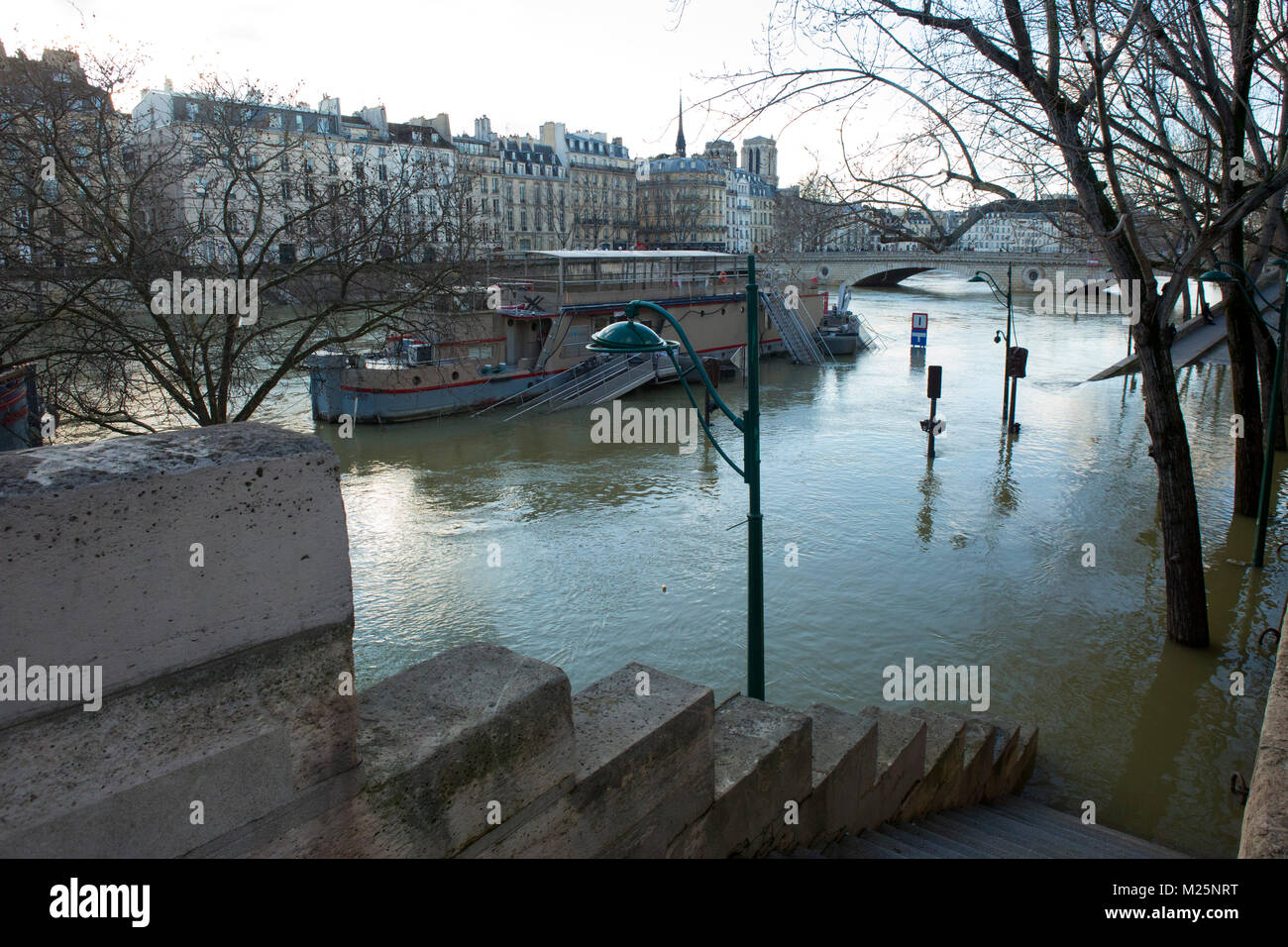 Parigi, Francia - 4 Febbraio: Dopo molti giorni e settimane di pioggia, la Senna è visto allagata, il 4 febbraio 2018 a Parigi, Francia. Foto Stock