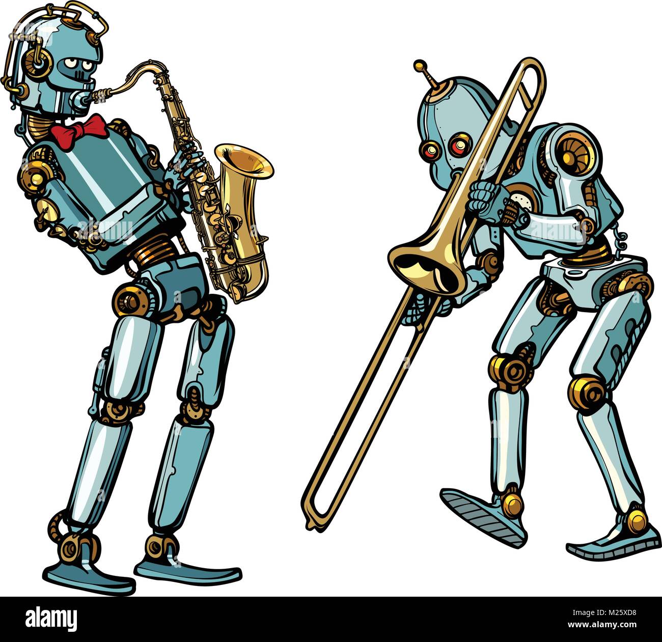 Brass band di musicisti robot, sassofono e trombone Illustrazione Vettoriale