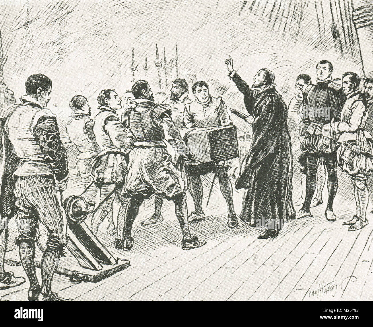 Funerale di Francis Drake, Gennaio 1596. Sepolto in mare in una bara di piombo, nei pressi di Portobelo, Panama Foto Stock