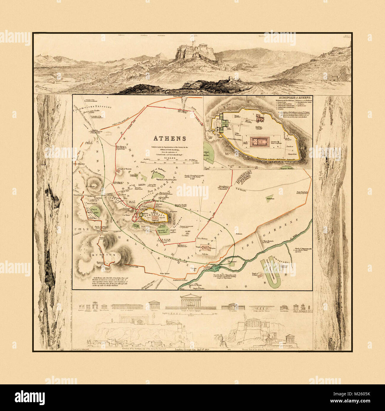 Mappa di monumenti greci ad Atene in circa 1832. Foto Stock
