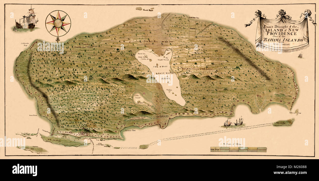 Mappa storica della New Providence Isola delle Bahamas circa 1750. Foto Stock