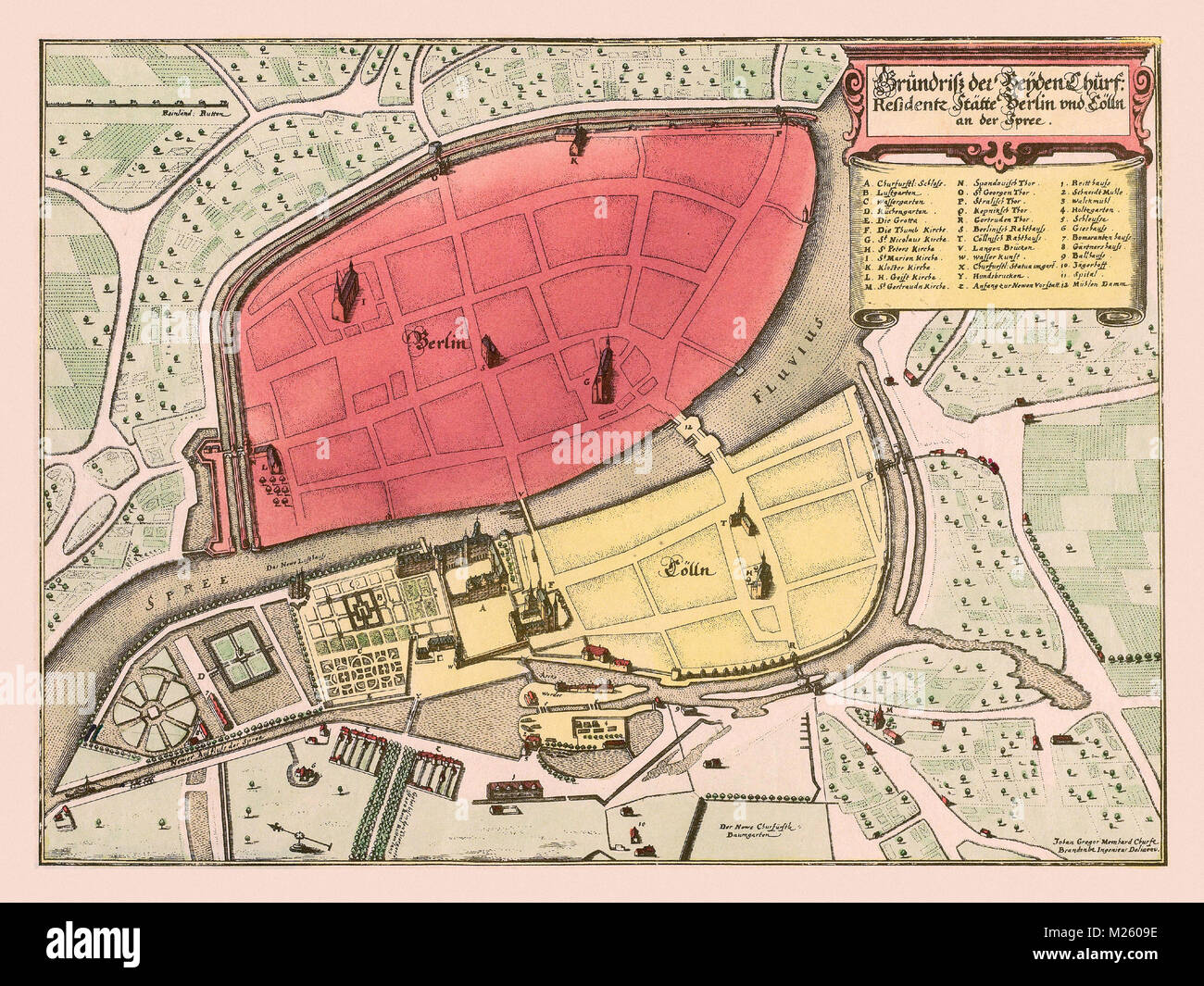 Mappa storica di Berlino circa 1652. Foto Stock