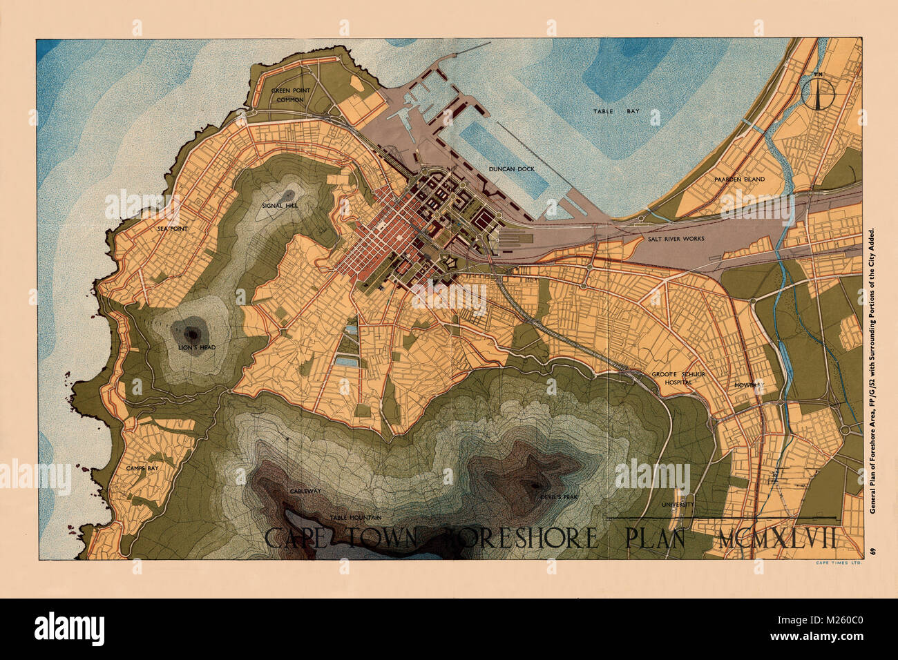 Mappa storica della Città del Capo, Sud Africa circa 1947. Foto Stock