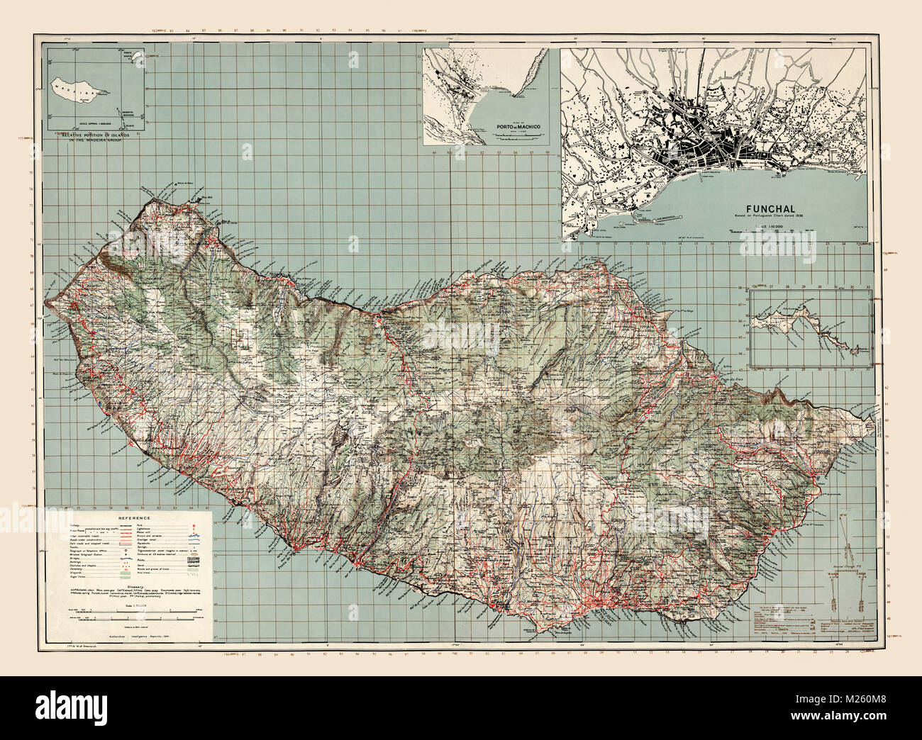 Mappa storica della Madeira, Portogallo circa 1941. Foto Stock