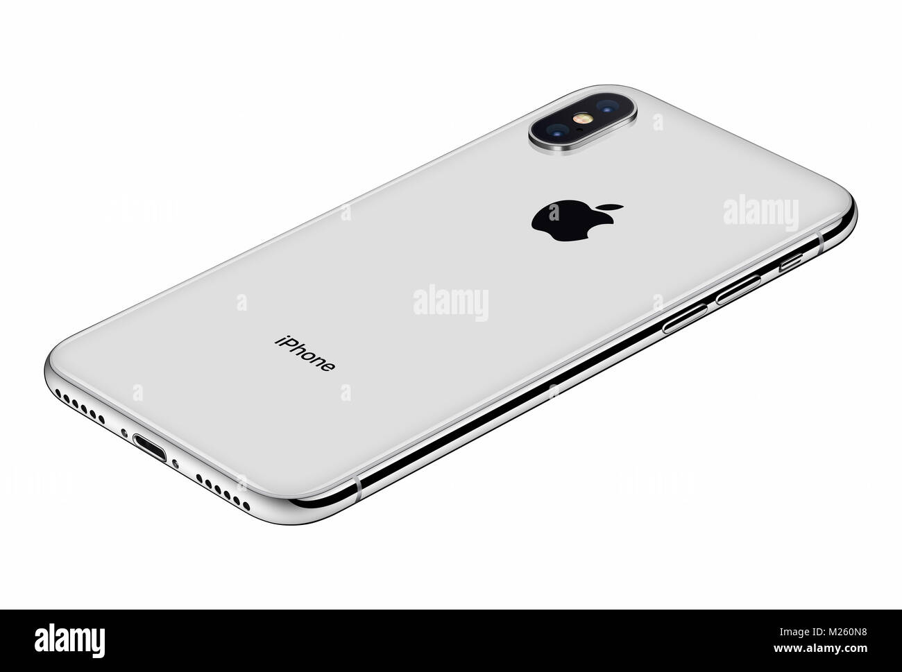 Vista prospettica Silver Apple iPhone X lato posteriore isolato su sfondo bianco. iPhone 10 è il nuovissimo smartphone di Apple inc con cornice di design. Foto Stock