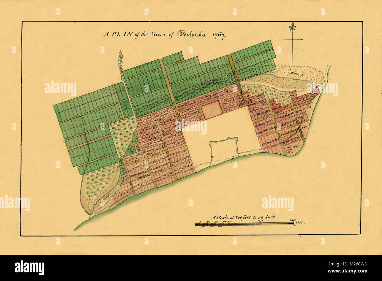 Mappa storica di Pensacola circa 1767. Foto Stock
