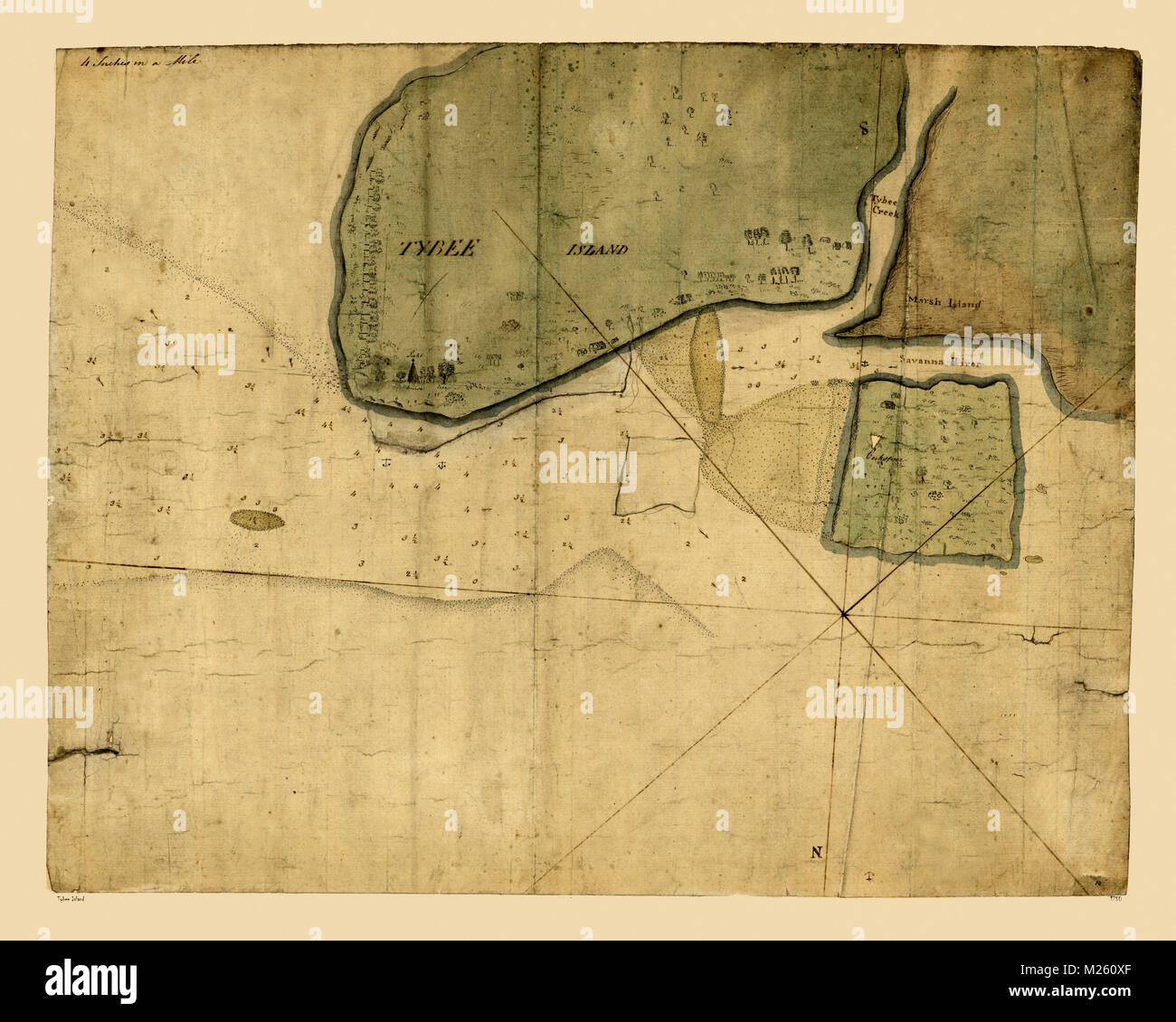 Mappa storica della Tybee Island, Georgia circa 1750. Foto Stock