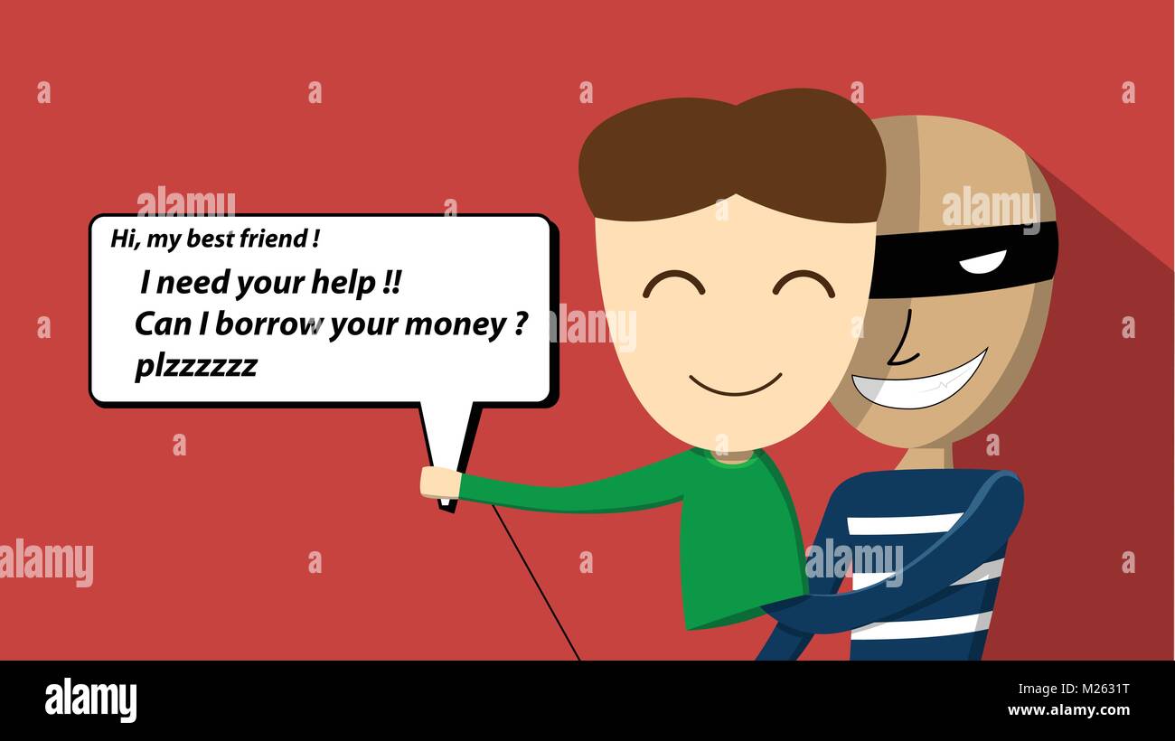 Scammer tenta di truffa vittima chiacchierando. vector art design Illustrazione Vettoriale