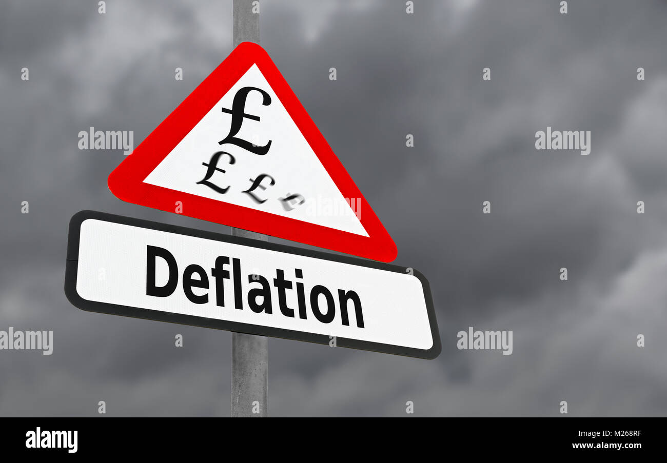 Segno di deflazione. Indicazione del concetto di economia di sgonfiaggio dove i prezzi e il tasso di inflazione si stanno muovendo in una direzione verso il basso. Foto Stock