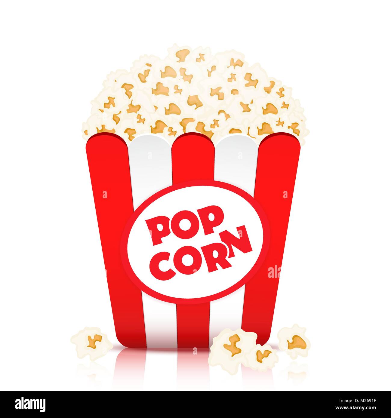 Vettore di popcorn, illustrazione realistica. Fiocchi di popcorn in un bicchiere di carta a strisce rosse e bianche, isolato su sfondo bianco Illustrazione Vettoriale