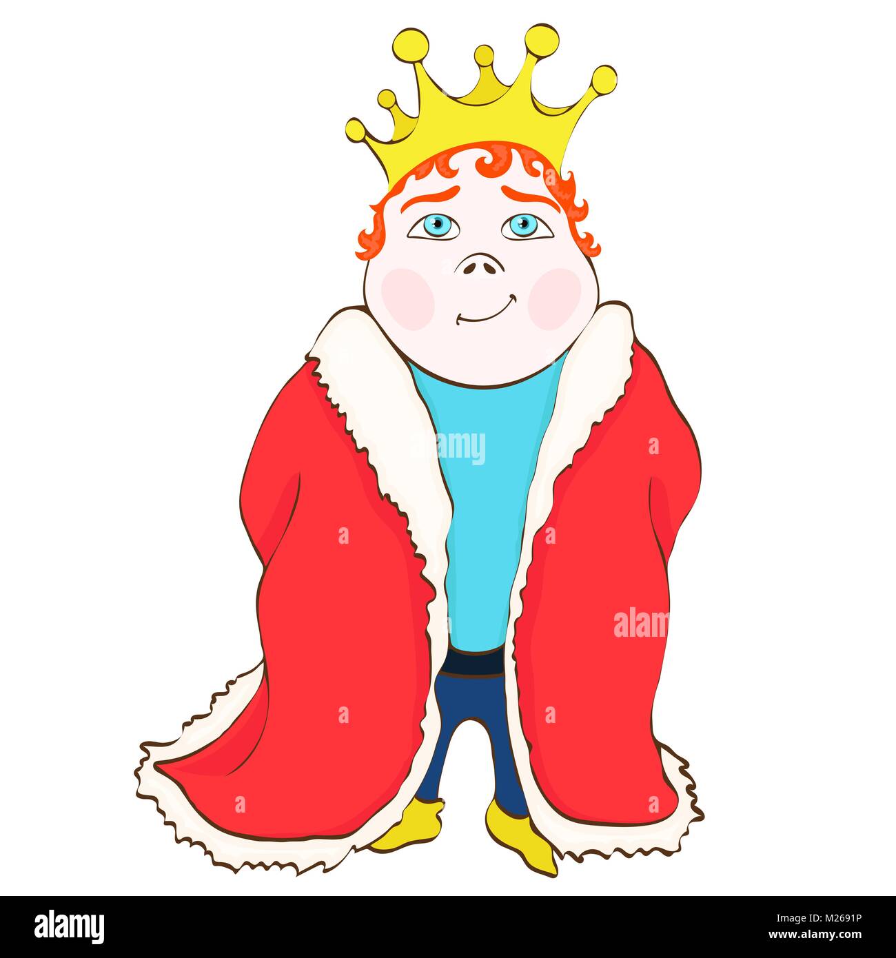 Cartoon king, vettore di disegno a mano. Carino divertente disegnato il principe in rosso manto regale, con i capelli rossi, con una corona sulla sua testa, isolato su sfondo bianco Illustrazione Vettoriale