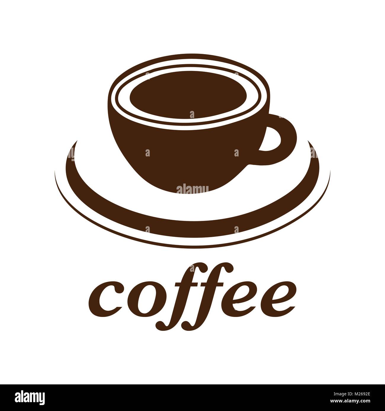 Tazza di caffè icona Vettore, logo, segno, emblema. Abstract marrone tazza da caffè con piattino e l'iscrizione, isolati su sfondo bianco Illustrazione Vettoriale