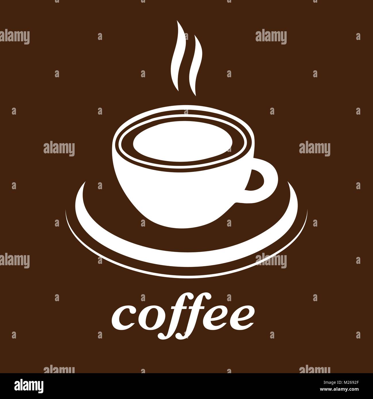 Tazza di caffè icona Vettore, logo, segno, emblema. Astratto bianco tazza da caffè con piattino e l'iscrizione, isolato su sfondo marrone Illustrazione Vettoriale