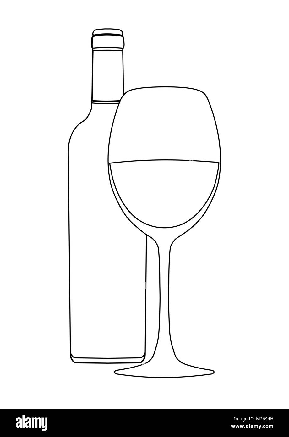 Bottiglia di vino e wineglass, vettore schizzo, contorno immagine, colorazione, sketch, icona, logo, segno, emblema, in bianco e nero illustrazione. Isolato su sfondo bianco Illustrazione Vettoriale