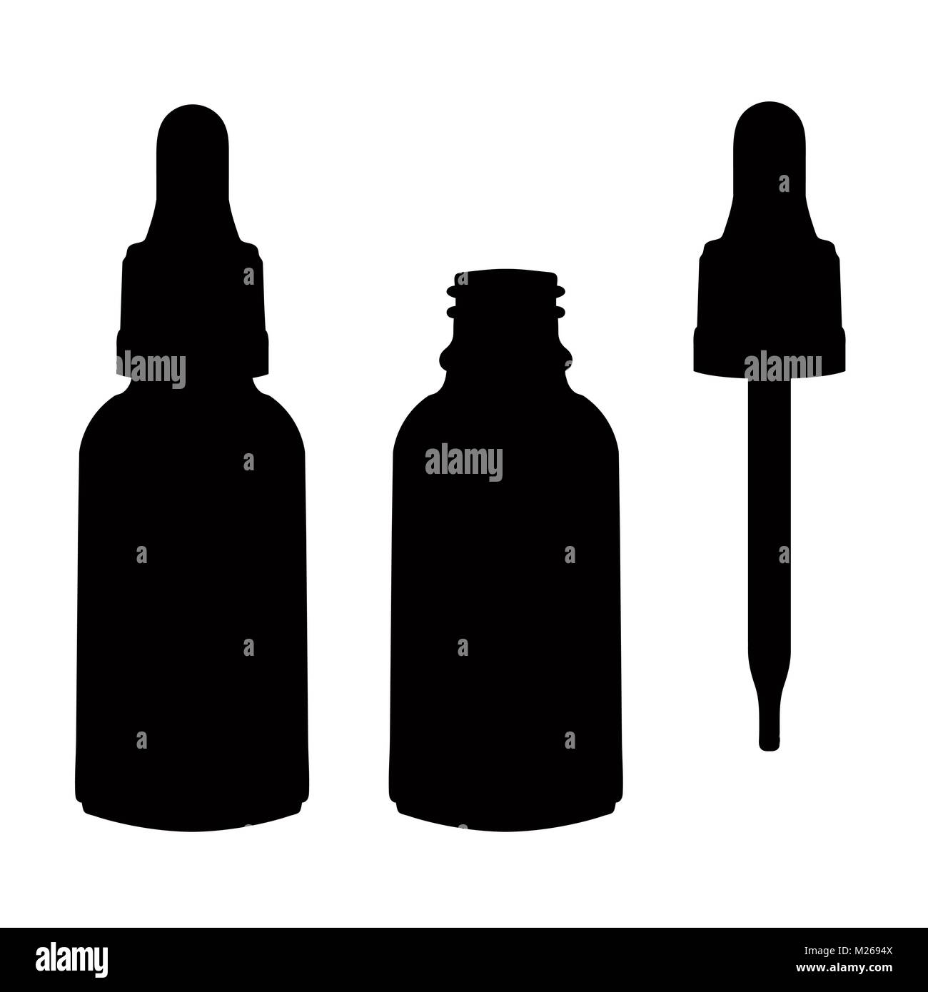 Bottiglia di vetro con una pipetta, icona Vettore, logo, segno, emblema, silhouette isolati su sfondo bianco Illustrazione Vettoriale