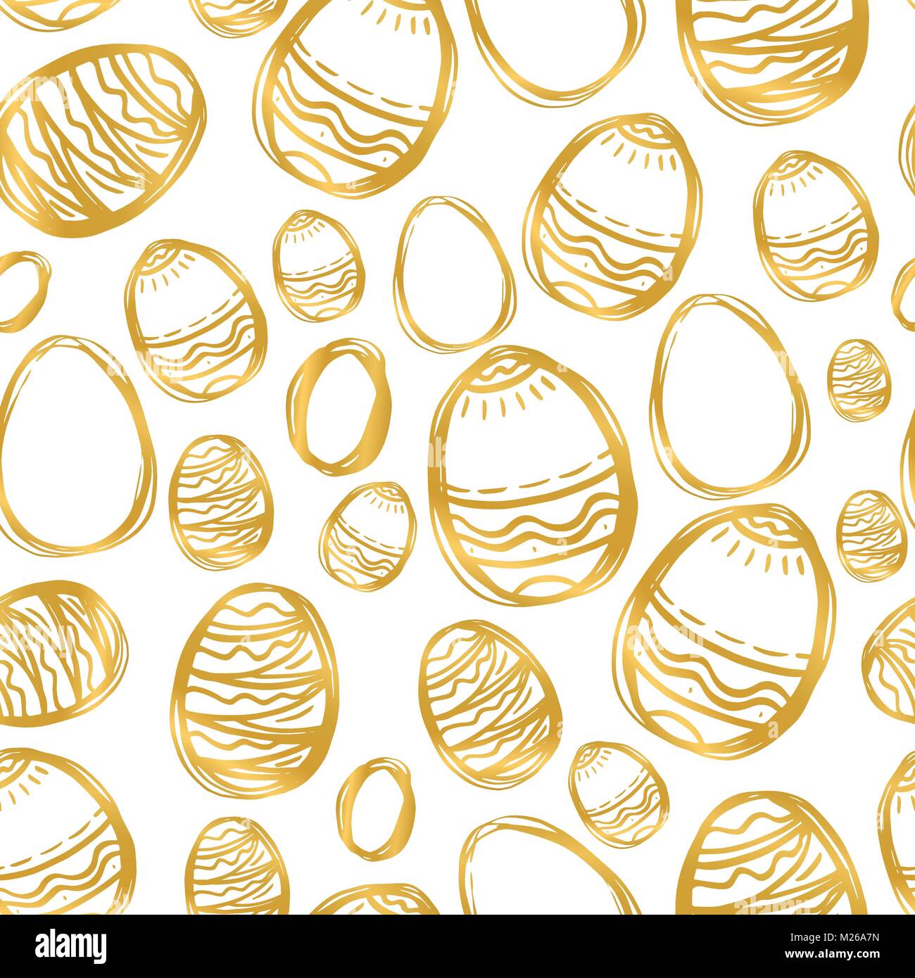 Golden uova di pasqua e la comparsa di macchie, presenti macchie macchie seamless disegno vettoriale. A mano libera oro sullo sfondo di Pasqua. Disegnato a mano le uova dipinte e granuli irregolari, caotico texture. Illustrazione Vettoriale