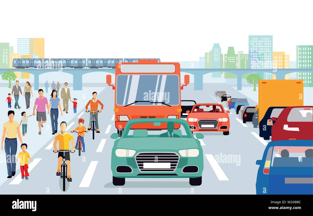 Città con i pedoni e i ciclisti nel traffico Illustrazione Vettoriale