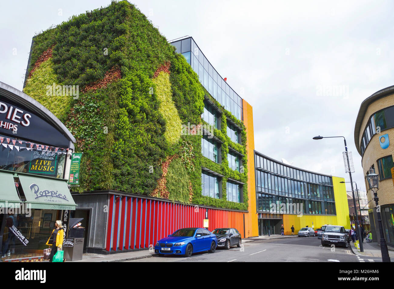 MTV camden. MTV Europa. Edificio con parete vivente. Londra, NW1, Regno Unito. Progettazione ambientale. Sostenibilità. Foto Stock