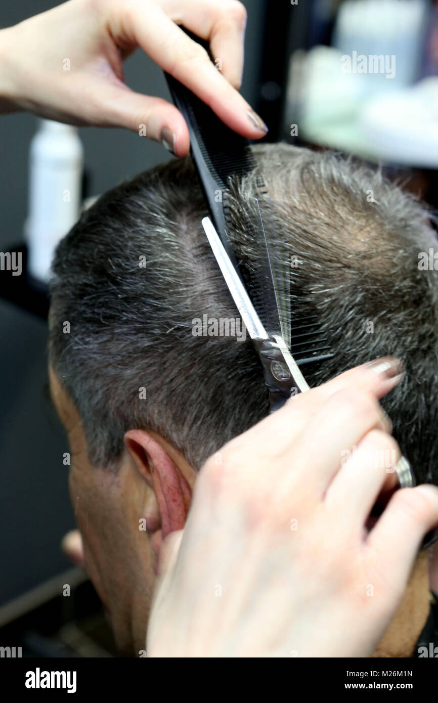 Le Mans (Francia occidentale). 2014/12/03. Giovane donna, parrucchiere Apprendista, il taglio di un uomo di capelli. Foto Stock