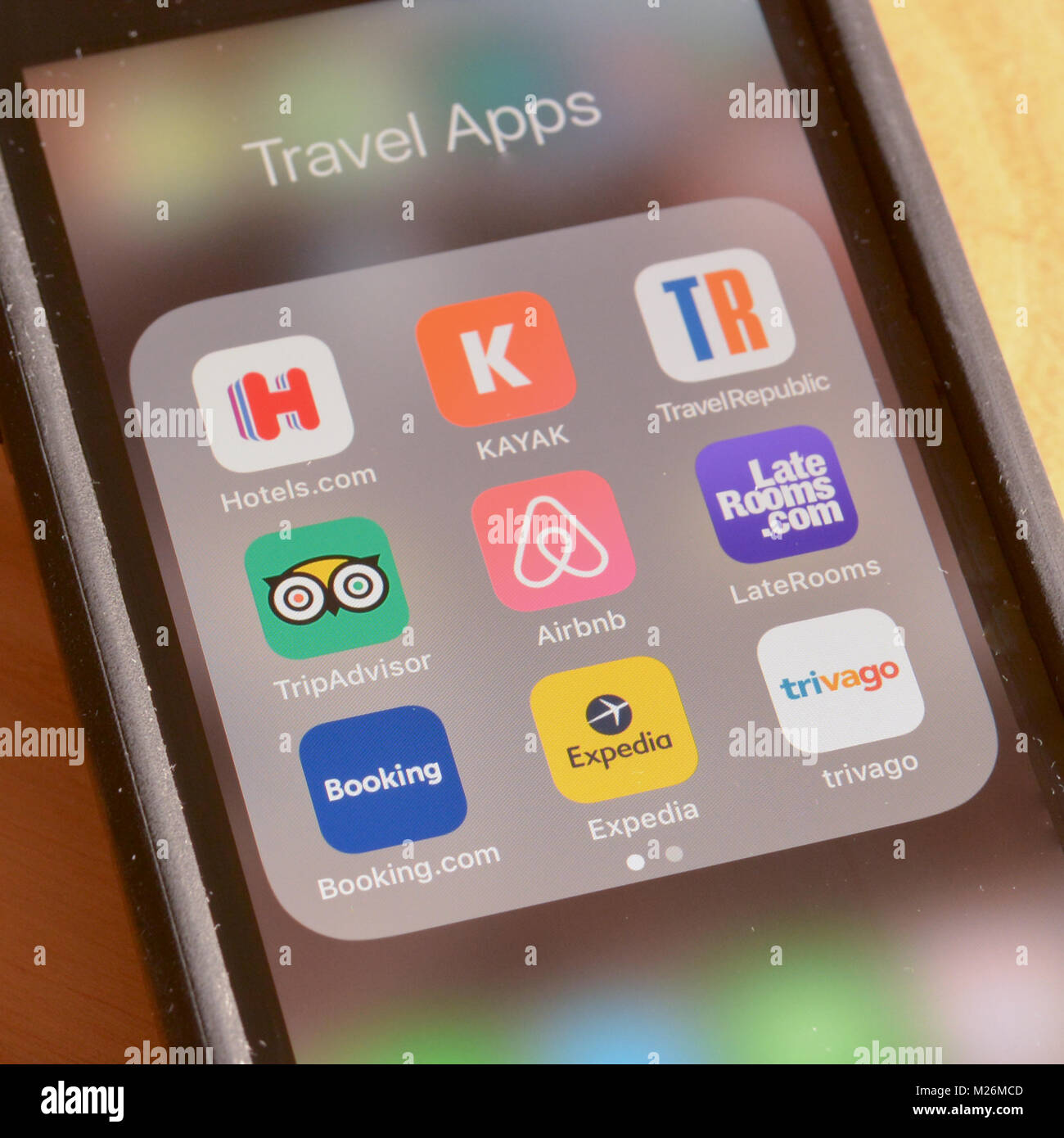 Una gamma di viaggi e hotel prenotazione applicazioni su una smart schermata telefono Foto Stock