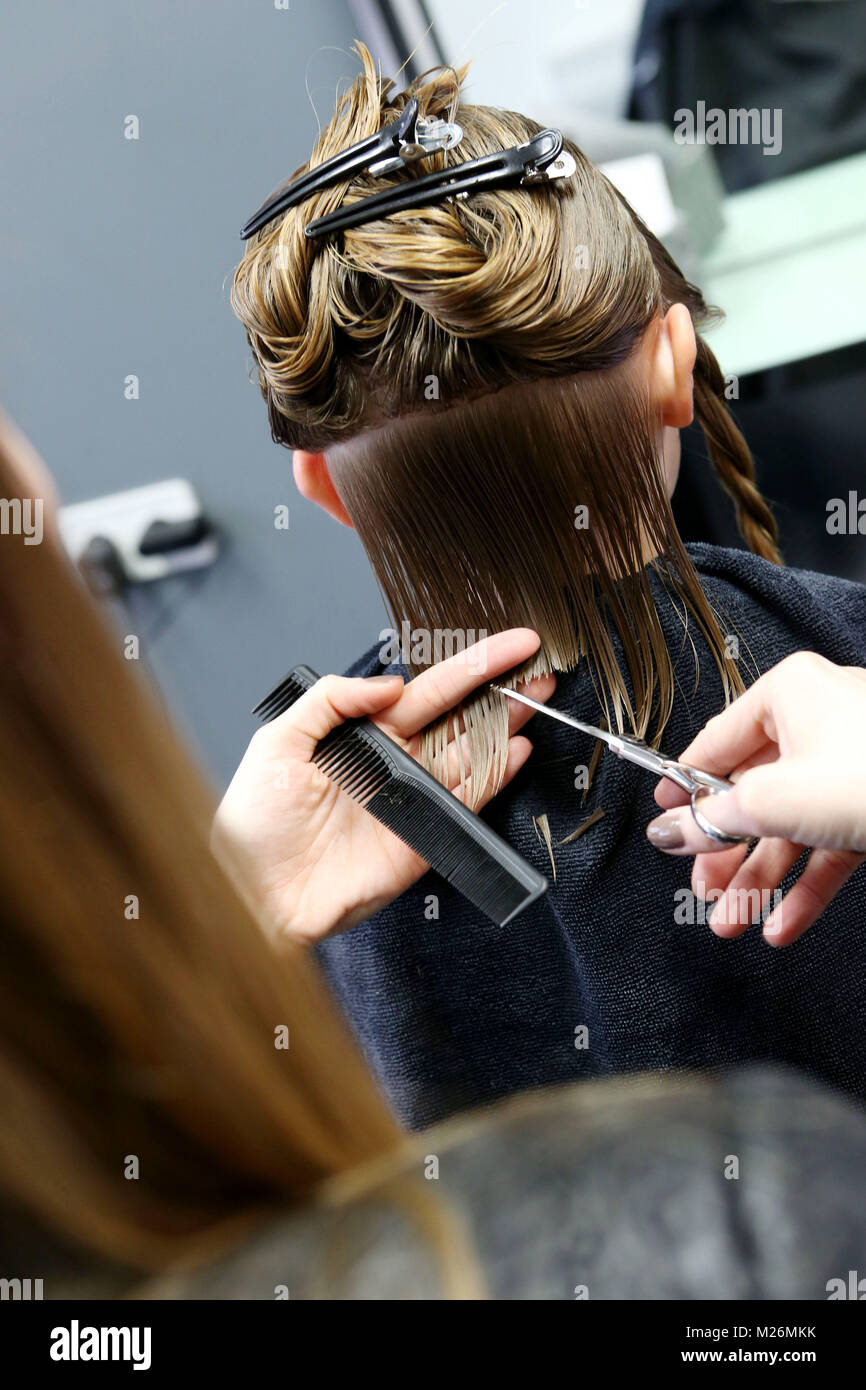 Le Mans (Francia occidentale). 2014/12/03. Giovane donna, parrucchiere Apprendista, il taglio di una donna capelli. Foto Stock