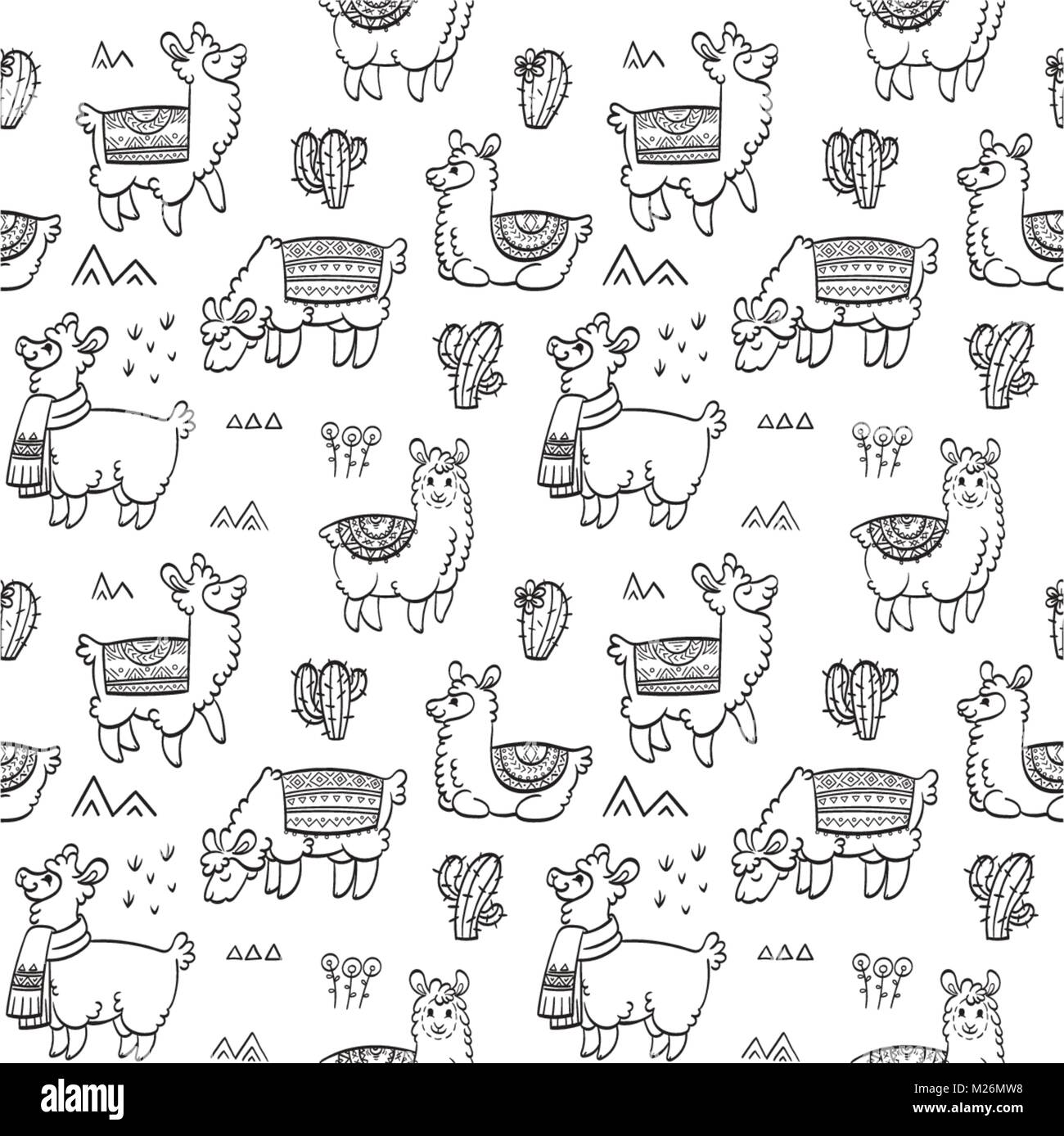 Carino delineare seamless pattern con llama. Inchiostro illustrazione vettoriale. Per i bambini e per i libri da colorare. Animali pelosi raccolta Illustrazione Vettoriale