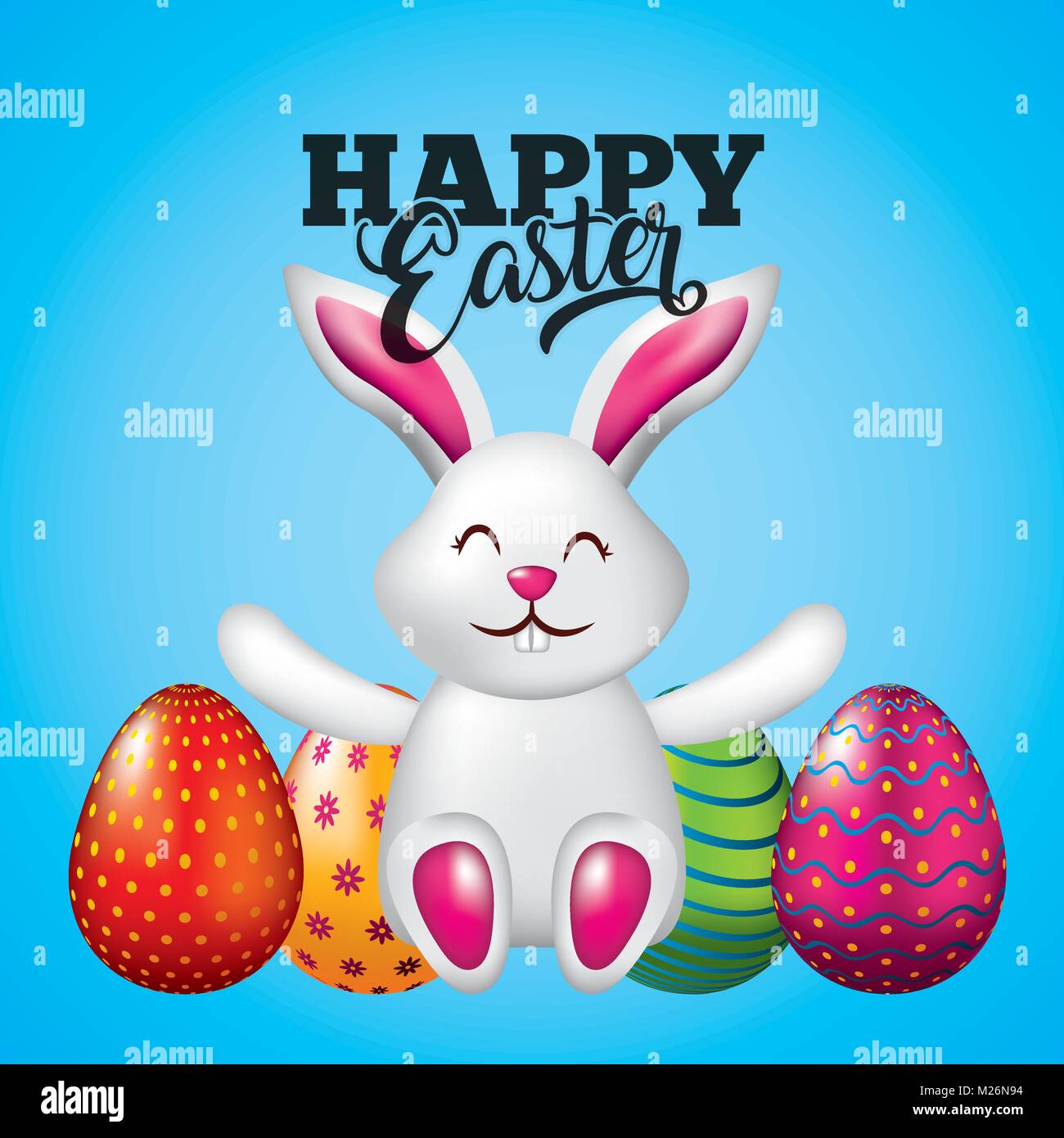 Felice Pasqua card simpatico coniglietto seduto e luminose uova sfondo blu Illustrazione Vettoriale